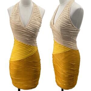 Vintage Y2k Bebe Mini Dress Halter Neck Textured Colorblock Yellow Cream Gold XS